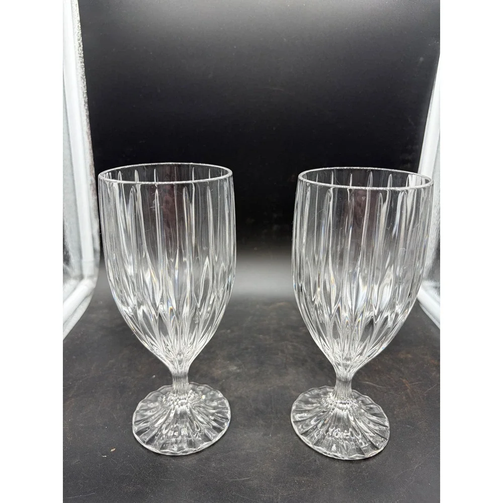 Vintage‎ Clear Crystal Ribbed Water Goblets Stemmed Glassware Set of 2